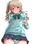  aqua_cardigan aqua_scrunchie blush bow bowtie brown_eyes brown_hair cardigan dress_shirt embarrassed eyebrows_visible_through_hair from_below green_bow green_neckwear gyaru hair_between_eyes hair_ornament hair_scrunchie highres idolmaster idolmaster_cinderella_girls long_hair looking_down morikubo_nono one_side_up panties polka_dot polka_dot_scrunchie sak_(lemondisk) scrunchie shirt simple_background sketch solo standing striped striped_bow striped_neckwear striped_panties sweat underwear white_background white_shirt 