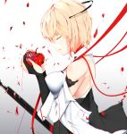  apple bangs bare_shoulders black_gloves blonde_hair breasts closed_eyes collar commentary_request dress floating_hair food from_side fruit gloves hair_between_eyes hair_ornament hair_ribbon highres holding holding_food holding_fruit jacket large_breasts off_shoulder original partly_fingerless_gloves petals red_string ribbon ruby_(stone) shattered short_hair sidelocks sonaworld string tearing_up tears white_jacket wind wind_lift 