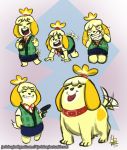  2018 all_fours animal_crossing anthro barking bone canine clothed clothing collar digital_media_(artwork) dog eating female feral fur gun hi_res isabelle_(animal_crossing) jerkdouglas kneeling looking_at_viewer mammal nintendo open_mouth ranged_weapon shirt simple_background skirt smile video_games weapon yellow_fur 