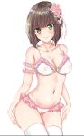  arm_scrunchie bangs blunt_bangs blush bra breasts brown_hair collarbone flower frilled_bra frilled_panties frills green_eyes hair_flower hair_ornament highres looking_at_viewer medium_breasts medium_hair mukatsukulsp navel nipples original panties pubic_hair see-through smile standing thighhighs underwear white_legwear white_panties 