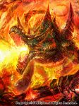  breathing_fire claws commentary dragon fire highres horns monster no_humans official_art seisen_cerberus sharp_teeth spikes teeth watermark z.dk 