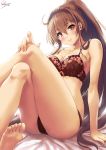  ahoge arm_support ass barefoot bed_sheet blush bra breasts brown_bra brown_hair brown_panties cleavage closed_mouth collarbone commentary_request crossed_legs feet floral_print hair_between_eyes hand_on_own_knee highres kantai_collection large_breasts lips long_hair looking_at_viewer nail_polish on_bed panties pink_nails ponytail purple_eyes sakiyamama sideboob sidelocks signature simple_background sitting smile soles solo toes underwear underwear_only very_long_hair white_background yamato_(kantai_collection) 