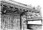  commentary_request east_asian_architecture gate greyscale hariken monochrome no_humans original outdoors scenery sky traditional_media tree 