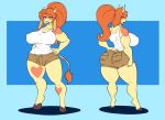 2018 anthro balls big_breasts bovine breasts bulge butt cattle clothed clothing dickgirl digital_media_(artwork) hair horn intersex kaboozle looking_at_viewer mammal muscular muscular_dickgirl muscular_intersex nipples olivia_may(blu) ponytail red_hair simple_background smile solo thick_thighs 