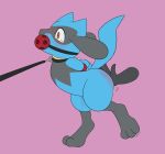  2018 ambiguous_gender anthro ball_gag black_fur blue_fur bound butt collar disembodied_hand fur gag leash nintendo pink_background pok&eacute;mon pok&eacute;mon_(species) raised_tail red_eyes riolu simple_background slimefur solo_focus spanking tears video_games 