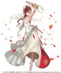  armpits breasts brown_hair closed_mouth commentary_request dress elbow_gloves fan flower folding_fan full_body gloves hair_flower hair_ornament high_heels lack large_breasts long_hair looking_at_viewer official_art red_flower red_rose rose saionji_reimi simple_background smile solo standing star_ocean star_ocean_the_last_hope watermark wedding_dress white_background white_dress white_flower white_footwear white_gloves white_rose 