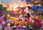  architecture blue_eyes bug butterfly cloud east_asian_architecture flower fuji_choko hair_flower hair_ornament insect long_hair looking_at_viewer mole mole_under_eye original outdoors solo sunset vase water weather_vane white_hair 