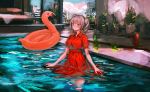  bangs bed bottle building city cloud commentary dress frown grey_hair highres indoors inflatable_toy lm7_(op-center) looking_at_viewer open_door original plant pool potted_plant red_dress red_eyes sky skyscraper solo twintails wavy_hair wet wet_clothes 