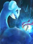  cave commentary_request eye_contact from_behind gen_1_pokemon gen_3_pokemon highres horn lapras lens_flare looking_at_another milotic no_humans open_mouth partially_submerged pokemon pokemon_(creature) red_eyes semi_(delcatty) signature water 