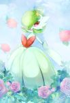  blue_sky bush cloud commentary_request crown day flower gardevoir gen_3_pokemon green_hair hair_over_one_eye happy highres looking_at_viewer mega_gardevoir mega_pokemon mini_crown no_humans open_mouth outdoors pokemon pokemon_(creature) red_eyes red_flower red_rose rose semi_(delcatty) short_hair sky smile solo standing 