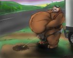  3_toes 5:4 anthro balls bear belly biceps big_belly bottomless brown_fur clothed clothing country darkened_genitals dirt dirtymutt erection eyes_closed fur grass grizzly_bear hairy hand_on_stomach hay humanoid_penis lugs male mammal morbidly_obese nipples obese open_mouth outside overweight pants partially_clothed partially_retracted_foreskin paws pecs peeing penis pink_nose relaxing road solo standing teeth thong tire toes tongue tree truck uncut underwear urine vehicle vein veiny_penis 