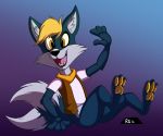  2_tails anthro blonde_hair blue_fur bottomless canine clothed clothing cute e621 fox fur hair hoodie inner_ear_fluff male mammal multi_tail open_mouth paws randolfsparks rollercoasterviper59 shirt simple_background smile solo vest yellow_eyes 