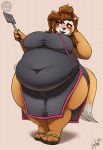  2018 3_toes 4_fingers anthro big_breasts breasts brown_hair female hair holding_object huge_breasts mammal obese overweight red_panda signature simple_background solo toes wide_hips zoidberg656art 