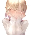  aiba_yumi bare_shoulders blonde_hair blush closed_eyes commentary_request flying_sweatdrops hands_on_own_cheeks hands_on_own_face holysnow idolmaster idolmaster_cinderella_girls off-shoulder_sweater short_hair simple_background smile solo sweater upper_body wavy_mouth 