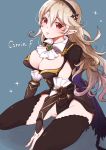 arm_guards armor armored_dress between_legs black_dress black_leotard breasts cape character_name cleavage cleavage_cutout commentary dress elbow_sleeve emerald eyebrows_visible_through_hair female_my_unit_(fire_emblem_if) fire_emblem fire_emblem_heroes frills gem hairband hand_between_legs highres jewelry large_breasts leotard long_hair my_unit_(fire_emblem_if) nekolook open_mouth pointy_ears red_eyes seiza silver_hair sitting thighhighs thighs white_neckwear 