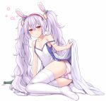  :o animal_ears arm_support ass azur_lane bangs bare_arms bare_shoulders blanket blush bottle breasts bunny_ears camisole collarbone commentary_request eyebrows_visible_through_hair fake_animal_ears full_body glass_bottle hair_between_eyes hair_ornament hairband hasu_(hk_works) holding laffey_(azur_lane) long_hair looking_at_viewer no_pants no_shoes panties parted_lips red_eyes red_hairband silver_hair simple_background small_breasts solo strap_slip striped striped_panties thighhighs twintails underwear very_long_hair white_background white_camisole white_legwear 