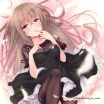  2018 ahoge bangs black_dress blurry blurry_foreground blush breasts brown_eyes brown_hair brown_legwear commentary_request depth_of_field dress eyebrows_visible_through_hair feathers finger_to_mouth frilled_dress frills hair_between_eyes highres ko_yu long_hair looking_at_viewer lying medium_breasts on_back original pantyhose parted_lips sleeveless sleeveless_dress solo strap_slip thighband_pantyhose very_long_hair white_feathers 