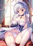  3: apron azur_lane belfast_(azur_lane) blue_dress blurry blurry_background blush book_stack bow bow_panties braid breasts chain cleavage closed_mouth collar collarbone curtains day depth_of_field dress dress_lift elbow_gloves embarrassed eyebrows_visible_through_hair garter_belt garter_straps gauntlets gloves hand_up head_tilt highres indoors large_breasts lifted_by_self long_hair looking_at_viewer maid maid_headdress medium_breasts navel panties pink_ribbon purple_eyes ribbon see-through silver_hair sitting solo sousouman sparkle sweat thighhighs underwear very_long_hair wet wet_clothes white_gloves white_legwear white_panties window 