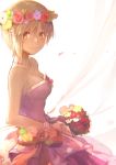  absurdres aiba_yumi backlighting bare_shoulders blonde_hair blush bouquet bow breasts brown_eyes cleavage commentary_request dress flower flower_wreath highres holding holding_bouquet holysnow idolmaster idolmaster_cinderella_girls jewelry looking_at_viewer medium_breasts necklace petals pink_dress short_hair sleeveless sleeveless_dress smile solo wedding_dress 