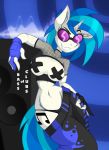  2018 blue_background blue_hair breasts cleavage clothed clothing equine eyewear female fingerless_gloves fishnet friendship_is_magic gloves hair horn jrvanesbroek mammal my_little_pony panties pasties simple_background solo speaker sunglasses tape thong underwear unicorn vinyl_scratch_(mlp) 