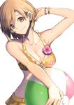 aiba_yumi arm_up ball bangle bare_shoulders beachball blonde_hair bracelet breasts brown_eyes cleavage collarbone commentary_request floral_print halterneck head_tilt holysnow idolmaster idolmaster_cinderella_girls jewelry looking_at_viewer medium_breasts short_hair simple_background smile solo swimsuit 