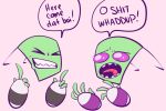  ! alien antennae dat_boi drawnbykat_(artist) duo green_skin humor invader_zim irken meme not_furry open_mouth purple_eyes scared smile speech_bubble the_almighty_tallest what 