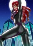  1girl artist_request ass bodysuit breasts cameltoe city from_behind from_below kirijou_mitsuru long_hair looking_at_viewer looking_down moon night parted_lips persona persona_3 red_eyes red_hair shiny shiny_clothes shiny_hair skin_tight smile solo very_long_hair 
