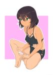  1girl akagi_(fmttps) breasts brown_eyes brown_hair cleavage closed_mouth girls_und_panzer green_eyes hair_between_eyes highres hoshino_(girls_und_panzer) indian_style navel purple_background short_hair sitting small_breasts solo swimsuit_tan 
