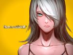  bangs blue_eyes collarbone commentary face hair_over_one_eye highres long_hair looking_at_viewer mole mole_under_mouth nier_(series) nier_automata pink_lips robot_joints rv86qxhg2jh0dihr6t3j silver_hair swept_bangs tank_top title yellow_background yorha_type_a_no._2 