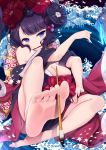  asymmetrical_bangs bangs bare_legs barefoot between_toes black_hair blue_eyes breasts cleavage fate/grand_order fate_(series) feet foot_hold foreshortening hair_ornament highres japanese_clothes katsushika_hokusai_(fate/grand_order) kimono ko_yu large_breasts looking_at_viewer mouth_hold obi paintbrush pixiv_fate/grand_order_contest_2 pov_feet prehensile_toes sash short_hair soles solo toes water 