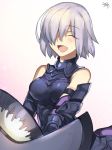  armor bare_shoulders black_armor blush breasts closed_eyes eyebrows_visible_through_hair fate/grand_order fate_(series) hair_between_eyes hair_over_one_eye holding holding_shield holding_weapon mash_kyrielight medium_breasts nikame open_mouth shield short_hair signature simple_background smile solo weapon 