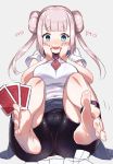  1girl barefoot between_toes bike_shorts blue_eyes blush breasts cameltoe feet hair_bun hands_on_own_face long_hair looking_at_viewer open_mouth pink_hair playing_card pov pov_feet soles toes twintails 