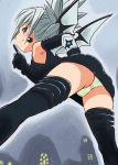  1girl ass demon_wings earrings elbow_gloves female hamahara_yoshio komori_aimi panties pantyshot profile shadow_lady shadow_lady_(character) silver_hair smile solo thigh_boots underwear wings 