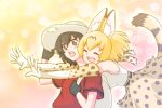  animal_ears backpack bag black_eyes black_hair blonde_hair closed_eyes commentary elbow_gloves gloves hat hug hug_from_behind inukoro_(spa) kaban_(kemono_friends) kemono_friends multiple_girls open_mouth serval_(kemono_friends) serval_ears serval_print serval_tail short_hair skirt sleeveless smile tackle tail 