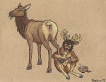 2015 anthro antlers anus cervine cervine_pussy clothing eating elk female feral hooves horn loincloth looking_back lucky-pony male mammal pussy teats 