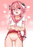  1girl astolfo_(fate) blush bow braid collarbone cowboy_shot eyebrows_visible_through_hair fang fate/apocrypha fate_(series) genderswap genderswap_(mtf) hair_between_eyes hair_bow heart heart_in_eye lifted_by_self long_hair looking_at_viewer navel no_panties note2000 open_mouth pink_eyes pink_hair pink_skirt pleated_skirt pussy serafuku shirt single_braid skirt skirt_lift solo standing streaked_hair uncensored white_hair white_shirt 