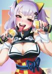  2018 animal_ears artist_name bangs bare_shoulders blue_eyes blunt_bangs blush bow breasts can cat_ears cleavage_cutout fake_animal_ears fangs grabbing hair_ornament half-closed_eyes highres kaguya_luna kaguya_luna_(character) large_breasts long_tongue looking_at_viewer nail_polish naughty_face obi open_mouth pink_nails pollenoxide saliva sash sexually_suggestive sleeveless smile solo strong_zero teeth tongue tongue_out twintails uncensored upper_body virtual_youtuber white_hair 