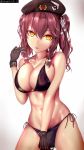  absurdres beret bikini black_gloves breasts cleavage collarbone franz_(217franz) girls_frontline gloves hair_between_eyes hair_ornament hammer_and_sickle hat highres large_breasts looking_at_viewer navel open_mouth purple_bikini purple_hair saiga-12_(girls_frontline) side-tie_bikini sidelocks simple_background skindentation solo swimsuit twintails twitter_username upper_body white_background yellow_eyes 