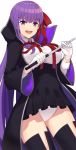  :d ass_visible_through_thighs bangs bb_(fate)_(all) bb_(fate/extra_ccc) black_coat black_footwear black_skirt blush boots breasts coat commentary eyebrows_visible_through_hair fang fate/extra fate/extra_ccc fate_(series) gloves hair_ribbon high-waist_skirt highres holding holding_wand large_breasts leotard long_hair looking_at_viewer open_clothes open_coat open_mouth purple_eyes purple_hair red_ribbon ribbon simple_background skirt smile solo sukebewe thigh_boots thighhighs thighs very_long_hair wand white_background white_gloves white_leotard 