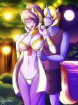  2016 anthro bikini blonde_hair blue_fur breasts caprine cleavage clothed clothing dio_leila duo equine eye_contact eyewear fan_character female forest fur glasses green_eyes hair hand_on_face hi_res horn horse jewelry lantern looking_back male mammal marik_azemus34 moon navel necklace night open_mouth outside purple_fur purple_hair ring romantic_couple shorts skimpy sleeveless_shirt smile swimsuit teeth tongue tree unicorn water 