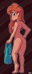  2018 5_fingers anthro beauty_mark breasts brown_background brown_hair brown_skin butt canine digital_media_(artwork) disney dog ear_piercing female goof_troop hair hand_on_hip hi_res long_hair looking_at_viewer looking_back mammal nipples nude pattern_background piercing pose rear_view roxanne_(goof_troop) simple_background smile solo standing theounpaduia 