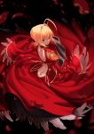  absurdres ahoge black_background blonde_hair braid butt_crack chyffon closed_mouth epaulettes fate/extra fate_(series) french_braid from_above from_behind green_eyes highres long_sleeves md5_mismatch nero_claudius_(fate) nero_claudius_(fate)_(all) petals short_hair simple_background solo 