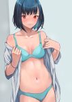  black_hair blue_bra blue_panties blush bra breasts commentary_request doushimasho highres navel original panties red_eyes shirt short_hair small_breasts solo sweat underwear undressing white_shirt 