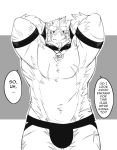  anthro armpit_hair avian big_muscles black_and_white blush bulge clothed clothing collar dialogue english_text flexing hands_behind_head hi_res kokuhane looking_at_viewer male monochrome muscular muscular_male pecs scar simple_background smile solo speech_bubble text topless underwear 