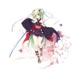  absurdly_long_hair black_skirt blue_hair blush closed_mouth collarbone eyebrows_visible_through_hair full_body green_hair highres holding holding_sword holding_weapon kaede_(003591163) long_hair looking_at_viewer multicolored_hair murasame_(senren) red_eyes sandals senren_banka skirt smile solo sword twintails two-tone_hair very_long_hair weapon 