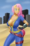  2018 anthro big_breasts breasts cleavage clothed clothing colored crocodilchik digital_media_(artwork) equine fallout female fluttershy_(mlp) friendship_is_magic hair horse mammal my_little_pony nipple_bulge pony tight_clothing video_games 