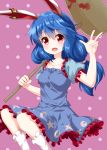  :d ambiguous_red_liquid animal_ears arm_up bangs blue_dress blue_hair breasts bunny_ears carrying_over_shoulder collarbone crescent crescent_print dress ear_clip eyebrows_visible_through_hair feet_out_of_frame folded_leg frilled_legwear frilled_skirt frills hair_between_eyes highres kine kneehighs long_hair looking_at_viewer low-tied_long_hair open_mouth polka_dot polka_dot_background puffy_short_sleeves puffy_sleeves purple_background red_eyes ruu_(tksymkw) seiran_(touhou) shiny shiny_hair short_sleeves skirt small_breasts smile solo star star_print touhou w white_legwear 
