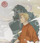  alphonse_elric apron armor blonde_hair commentary english_commentary floating fullmetal_alchemist grey_background helmet long_sleeves looking_away male_focus munkel profile red_eyes red_shirt shirt short_hair simple_background smile smoke standing upper_body walking yellow_eyes 