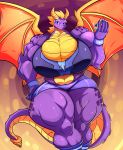  2018 absurd_res anthro big_breasts breasts cleavage clothed clothing crossgender dragon female gem hand_on_hip hi_res horn huge_breasts hyper hyper_breasts jaeh looking_at_viewer membranous_wings muscular muscular_female pose scalie signature simple_background smile solo spyro spyro_the_dragon thick_thighs video_games wings 