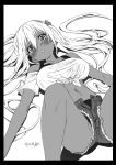  bare_shoulders blush breasts denim denim_shorts greyscale hair_ornament highres konnota large_breasts long_hair looking_at_viewer lying monochrome on_back shirt shorts solo tied_shirt 